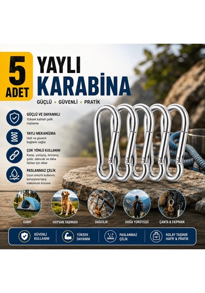 5 Adet M4 Yaylı Karabina Kanca Seti, Paslanmaz Çelik Karabina Klips, Kamp Çadır Çanta Anahtarlık Askı Kancası