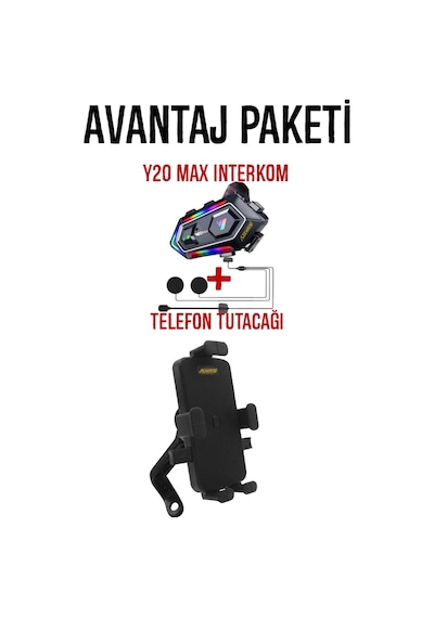 Y20 Max Kask Kulaklık İnterkom + Motosiklet Telefon Tutacağı