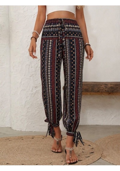 Efnaz Style Kadın Yüksek Bel Desenli Paçadan Bağlamalı Yanları Yırtmaçlı Süprem Pantolon kahve