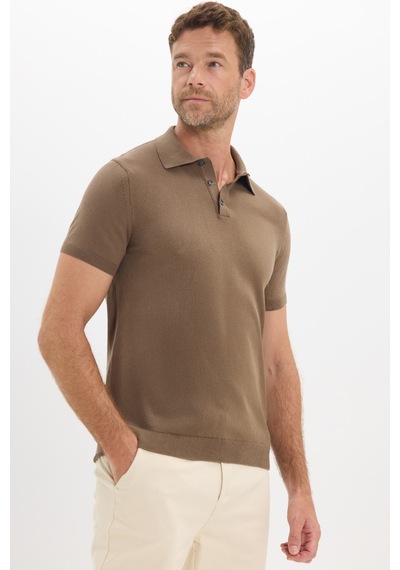 Tudors Erkek Slim Fit Dar Kesim Pamuklu Örme Triko Vizon Polo Yaka Tişört-50722