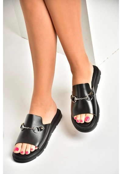 Fox Shoes U291099303 Siyah Hakiki Deri Kadın Terlik Siyah-hakiki Deri Siyah
