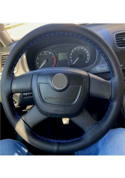 Skoda Octavia 2008-2010 Dikmeli Direksiyon Kılıfı Mavi Ipli (11Cm