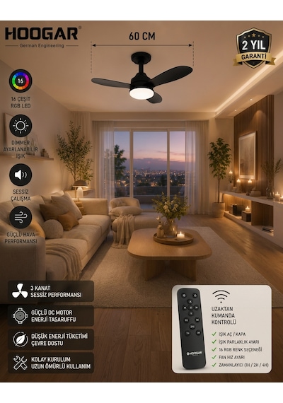 German New Black Super Fan 60 Cm Kalın Kanat Dim Ayarlı Tavan Vantilatörü Rgb Led 16 Renk Sessiz Sinek Kovar