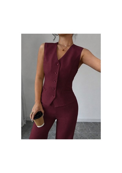 Butik İstanbul Kadın Askılı Önden Düğmeli Bluz Ve Pantolon Keten Ikili Takım Bordo