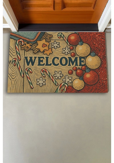 Valerine Life Yılbaşı Baston Şekerli Noel Temalı Welcome Hoş Geldiniz Kapı Önü Paspası 45x70cm Kahverengi
