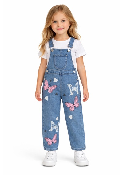 Bilge Trend Kız Çocuk 3/7 Yaş Kelebek Baskılı Kot Denim Salopet Tulum Kot Mavi