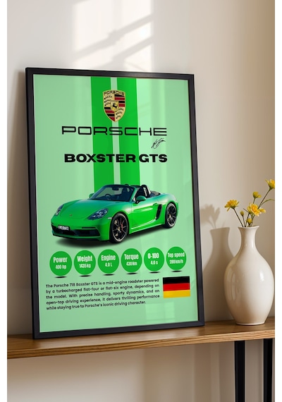 Porsche 718 Boxster Gts Premium Spor Araba Tablosu - Teknik Özellikli Yeşil Roadster Duvar Dekoru Siyah Porsche 718 Boxster Gts Premium Spor Araba Tablosu - Teknik Özellikli Yeşil Roadster Duvar Dekoru Siyah