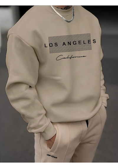 Startmore Bej Unisex Kadın/erkek Detaylı Los Angeles Özel Baskılı Renkli Oversize Bisiklet Yaka Pamuklu