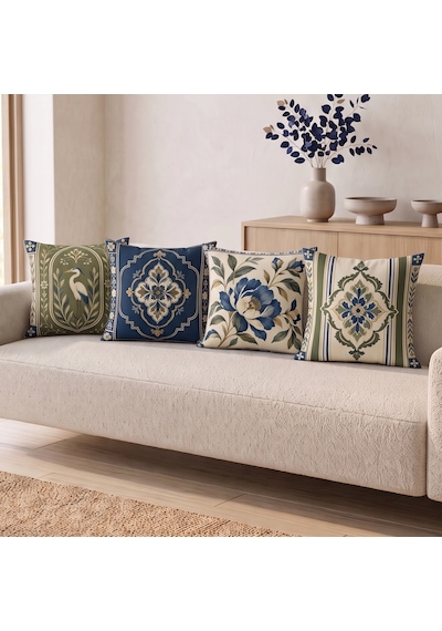 4'lü Klasik Madalyon Ve Botanik Desenli Dekoratif Kırlent Kılıfı Takımı - 43x43 Cm Çift Taraflı Lacivert - Haki Lacivert