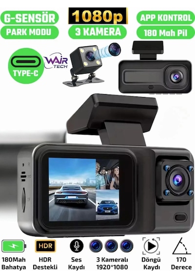 Buğz A98 Full Hd 3 Kameralı Araç Içi Güvenlik Kamerası 64gb Uyumlu Ir Gece Görüşü, Ön-arka-iç Kayıt