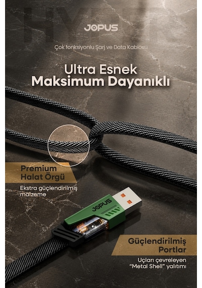 4in1 65w Pd Hızlı Şarj Kablosu İphone Android Uyumlu Type C Lightning Kumaş Örgü Data Pro 1.5 Metre -