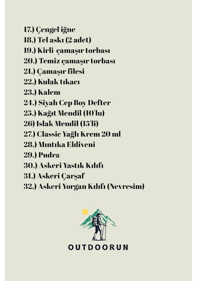 Outdoorun 32 Parça Asker Malzemesi Seti - Asker Cüzdanı Vatka Tabanlık - Bedelli Askerlik Malzemeleri Siyah
