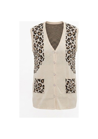 Onno Style Women Simli Leopar Desen Klasik Düğmeli Yelek Taş