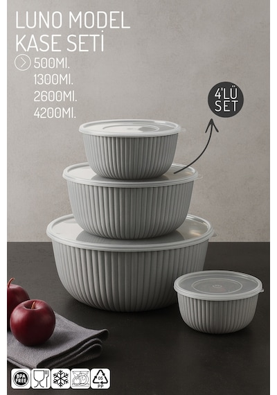 Luno Model 4 Lü Kapaklı Kase Seti 500/1300/2600/4200ml - Saklama Kabı Seti Gri