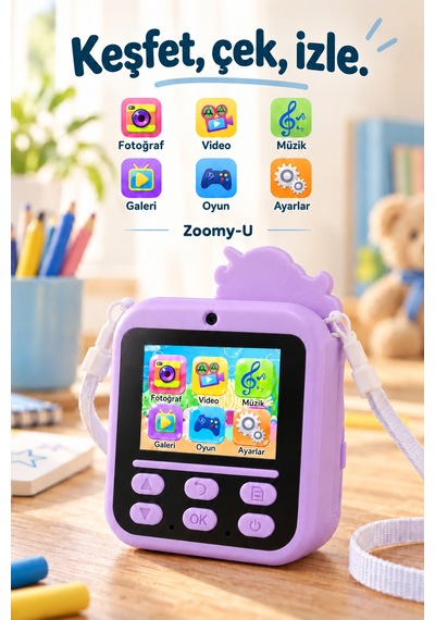 Kj/zm-004 Zoomy-u Unicorn Figürlü Anında Baskılı Çocuk Fotoğraf Makinesi, Çift Kamera, 2,4 İnç Ekran, 1080p Video, 3+ Yaş Mor