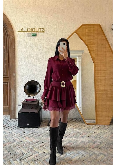 Neşeli Butik Kadın Bordo Gömlek Yaka Dantel Detaylı Kat Kat Mini Elbise Nbmy3858 Bordo