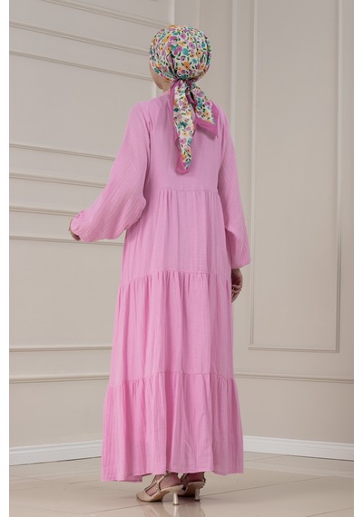 Sevitli Müslin Kumaş Robalı İvana Elbise-pembe-5813