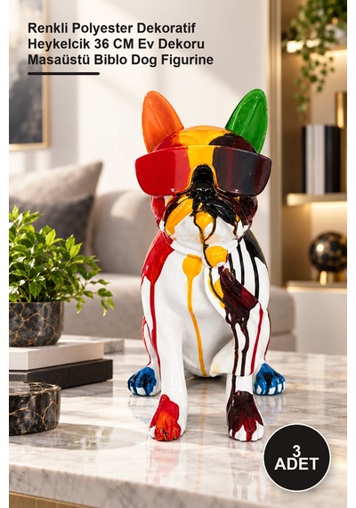 3 Adet Bulldog Köpek Figürü Renkli Polyester Dekoratif Heykelcik 36 Cm Ev Dekoru Masaüstü Biblo Dog Figurine