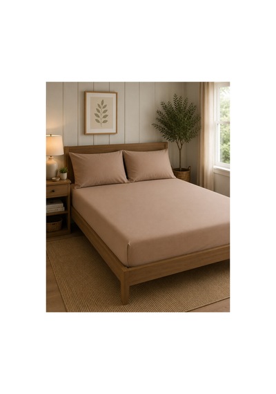 Çift Kişilik Lastikli Çarşaf Takımı 2 Adet Yastık Kılıflı 50x70 180x200+30 %100 Pamuk Kahverengi