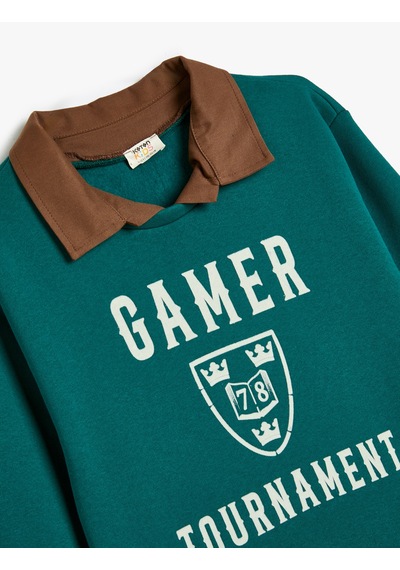 Koton Gömlek Yaka Sweatshirt Baskı Detaylı Uzun Kollu Yeşil 5wkb10403tk Yeşil