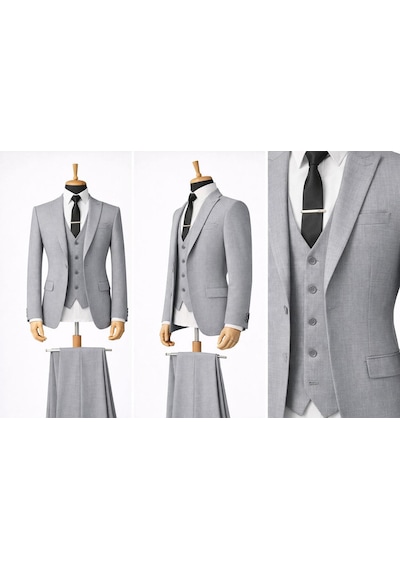 Erkek İtalyan Kesim Slim Fit Yelekli Takım Elbise - 7500 Açık Gri