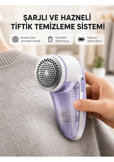 Kargo Şarjlı Tiftik Temizleyici Çıkarılabilir Hazneli, Anti-statik Fırçalı, Usb Şarjlı Najmaddin
