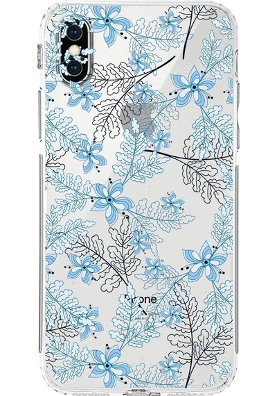 Apple Uyumlu iPhone Xs Maxkamera Korumalı Kapak Floral Mavi Tasarımlı Şeffaf Kılıf