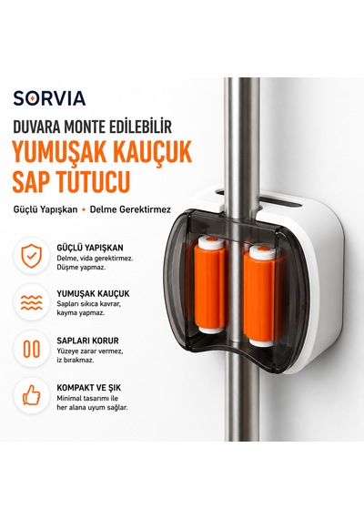 3'lü Duvara Monte Yapışkanlı Sap Tutucu, Mop Tutucu, Süpürge Tutucu, Şemsiye Tutucu, Kaymaz Kauçuk Silikon Organizer Askılık 3 Adet Beyaz - Turuncu
