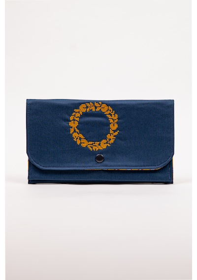 Fabric Craft Bag Kadın Cüzdan Nakışlı Kumaş Çıtçıtlı İki Bölmeli 22x13 Cm Lacivert - Sarı