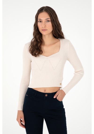 U.S. Polo Assn. Kadın Krem V Yaka Kazak 50293163-VR071