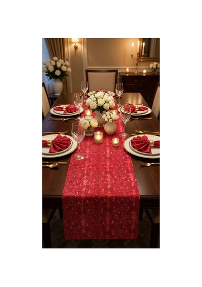 %100 Pamuk Simli Kırmızı Desenli Dikdörtgen Runner 40x150 Kırmızı - 889514482 Kırmızı