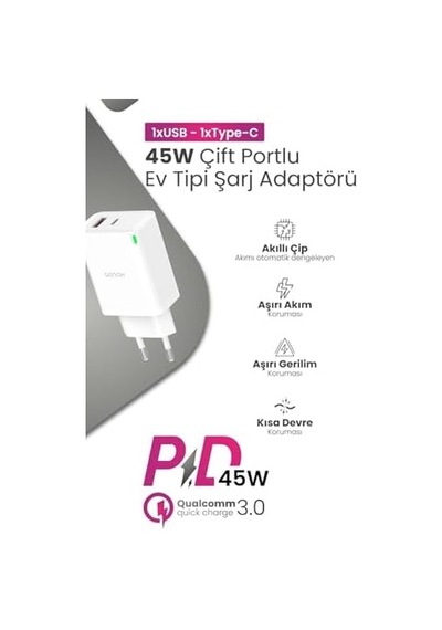 S25+/s24+/s23+/s25 Fe/tab S9+ İle Uyumlu 45w Pd Şarj Adaptörü, Usb-c Ve Usb-a, Beyaz