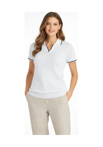Buğrahayalin Triko Kumaş Yakalı Düğmesiz Açık Yaka Fitilli Kısa Kollu Regular Fit Tişört T-shirt - Beyaz Beyaz