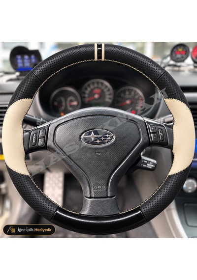 Subaru Impreza Dikme Direksiyon Kılıfı Delikli Deri Parlak Siyah Bej Detay Çift Yüzük Ve Dikiş Gd-gg Hawkeye Tuşlu 2005-2007