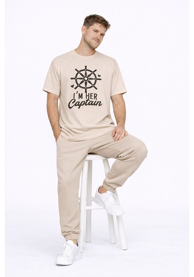 Sevgili Kombini Oversize Çift Tişört Unisex Captain Anchor Baskıl Bej