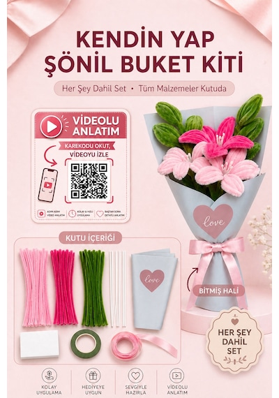 Pembe Lilyum Buketi Kendin Yap Dıy Kiti 65 Adet Şönil İçerir Hobi Ve Hediye Seti