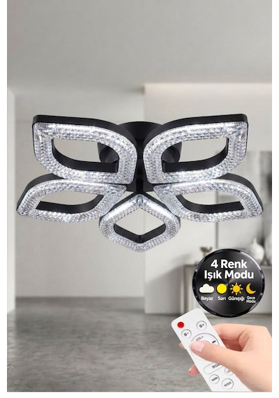 LumiaLighting Yonca Model Siyah Kumandalı 5"li Ledli 3 Renk Modu Kristal Salon Mutfak Yatak Çocuk Odası Led Avize
