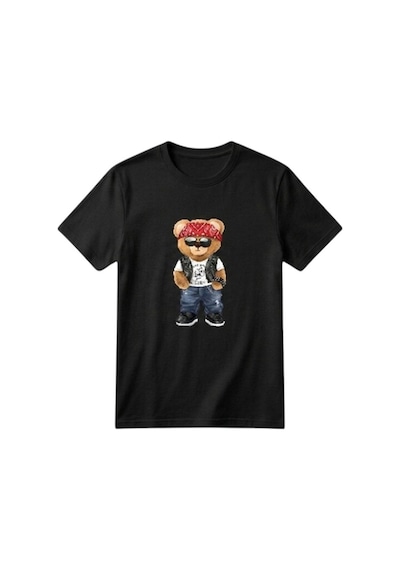 Erdem Kıds Unisex Kız Erkek Çocuk Baskılı Bisiklet Yaka Kısa Kollu Pamuklu Günlük T-shirt Bear Siyah Bear Siyah
