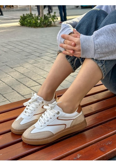 Erva'nın Butiği Beyaz Bej Cilt Wins Bağcıklı Kadın Sneakers-5690 Beyaz Cilt