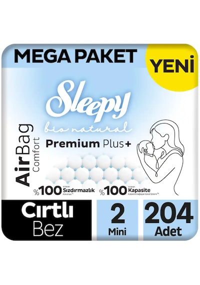 Sleepy Bio Natural Premium Plus Airbag Comfort Mega Paket Bebek Bezi 2 Numara Mini 204 Adet