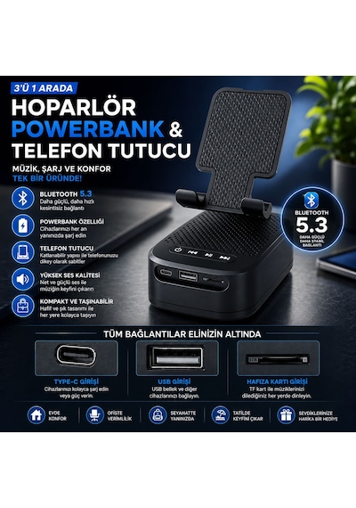 3 Ü 1 Arada Bluetooth Hoparlör Powerbank Ve Telefon Tutucu Özellikli Tf Kart Ve Usb Bellek Destekli Telefon Tutuculu Bluetooth Hoparlör