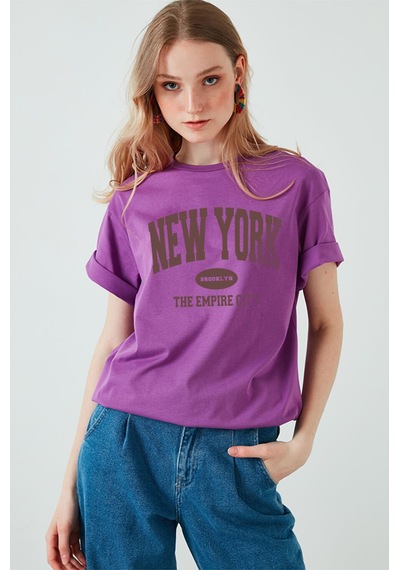 Uyguntarz Pamuklu New York Baskılı Oversize T-shirt Mor