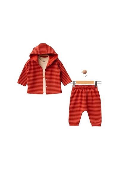 Zekids 3 Lü Organik Çizgili Kapüşonlu Bebek Eşofman Takımı-16165 Kırmızı