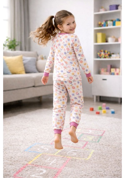 Kız Çocuk Flower Desenli 8 - 13 Yaş Pijama Takımı Krem
