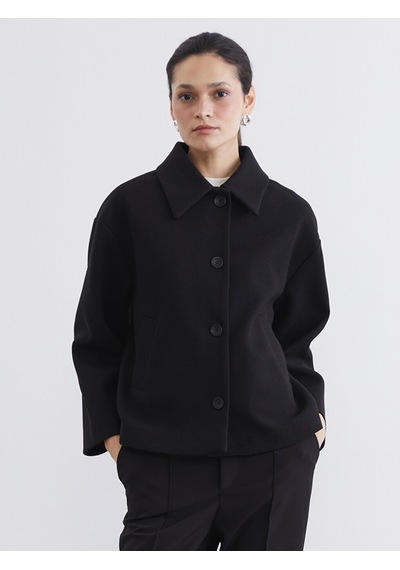 Lcw Modest Siyah Gömlek Yaka Oversize Kadın Kaşe Kaban