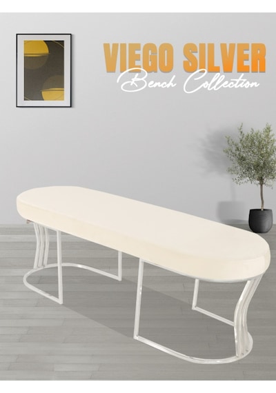 Viego Silver Smooth- Beyaz Kapitoneli Model Puf & Bench & Koltuk- Oturak-uzun Makyaj Puff-yatak Odası Ucu &önü