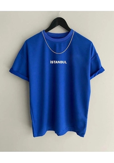 Flood Of Style Erkek Mavi Istanbul Baskılı Oversize Bisiklet Yaka Tshirt