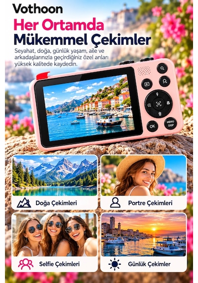 4k Dijital Fotoğraf Makinesi 18x Dijital Zoom 64 Mp Ön Ve Arka Ekranlı Kompakt Kamera Pembe Çok Renkli