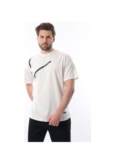 Madmext Ekru Bisiklet Yaka Şerit Detaylı Pamuklu Erkek T-shirt E7033 Ekru