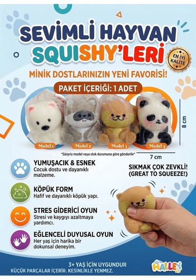 Sevimli Hayvan Figürlü Yumuşak Squishy Stres Oyuncağı Köpük Form Sıkılabilir Duyusal Oyuncak 8x7 Cm 1 Adet
